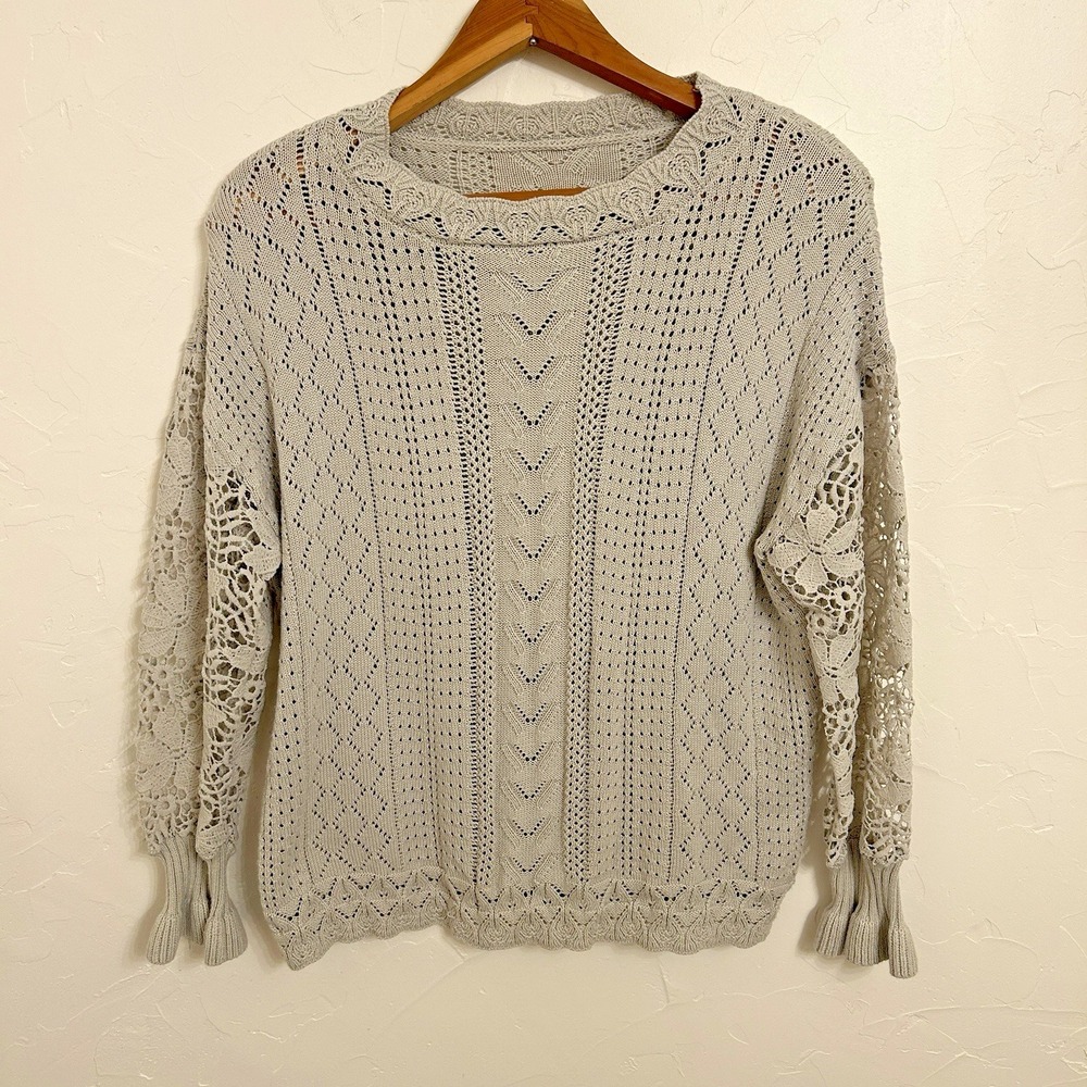 Womens Gray Crochet Pointelle Knit Sweater Size L  Coquette Girl Boho Romantic